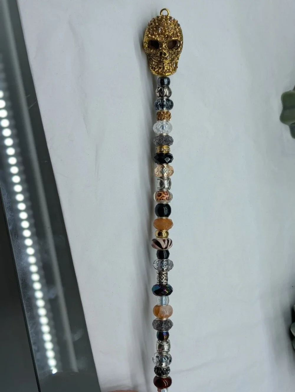 Hand Made Beaded Fairy Wand/Plant/Garden Stake W/Gold Crystal Skull Topper.